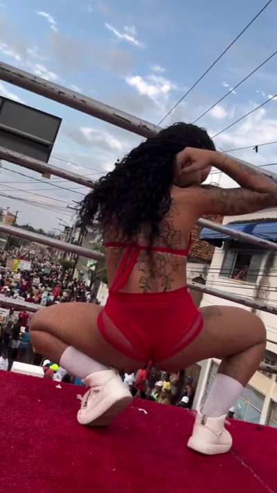 Dancing in red outfit