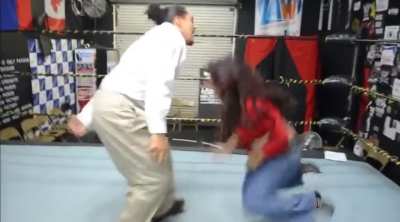 Jezabel takes a humiliating kick in the cooch by her male opponent