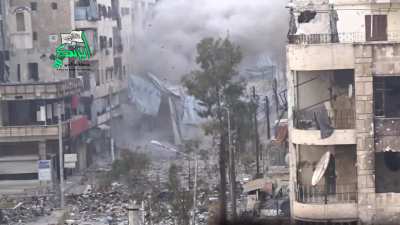 FSA "Hell Cannon" strikes on Syrian Army controlled buildings - Saif al-Dawla Neighborhood, Aleppo - 12/4/2014