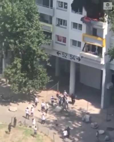 Two boys&mdash;ages 10 and 3&ndash;jumped 30 feet from a burning building in Grenoble, France. Two of the six adults who caught them broke their arms. Amazing heroism all around.