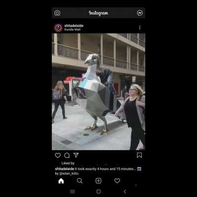 Rundle Mall (Adelaide, SA) Got a Giant Metal Pigeon today, took 4h &amp;amp; 15m until someone climbed it.