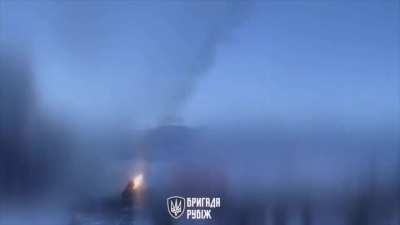 Destruction of the russian MT-LB and BMP-2 by the cooperation of aerial reconnaissance and rocket artillery BM-21 "Grad". Village of Vovchoyarivka, Luhansk region. (09/February/2024)