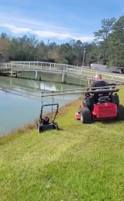 My uncle&rsquo;s brother and his friend, found their new method for trimming around the pond&rsquo;s edge.