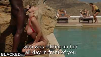 Your girlfriend is stuck between a rock and a hard place - a VERY hard and VERY big 