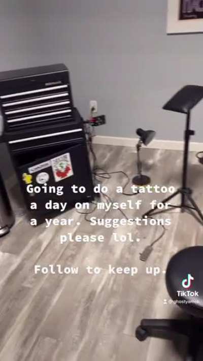 Ghostyamok on tiktok doing a tattoo on myself every day for a year. Hoping to do all community suggestions.
