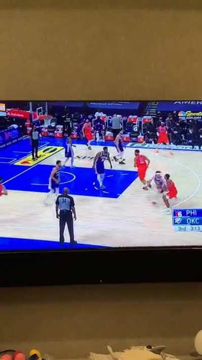 Joel gets bonked by the rebound and goes down