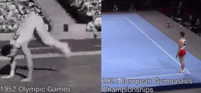 High level gymnastics, nearly 70 years apart. It&rsquo;s hard to believe this is even the same sport.