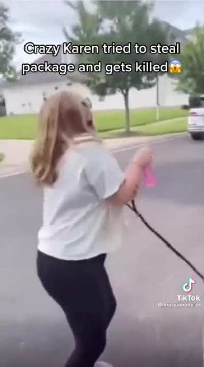 Karen tries to steal package and gets “killed”