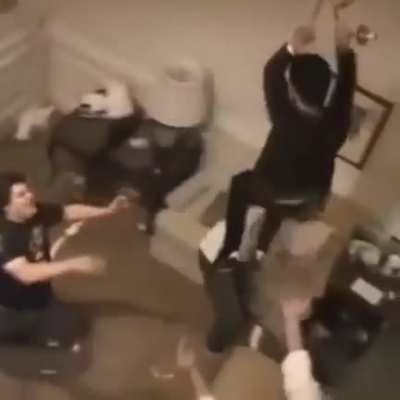 Man swings on a chandelier and falls prooving that he is not in fact related to Tarzan; apparently this guy is the lead singer of Green Day