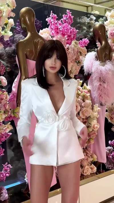Hot leggy cutie in white pantless suit 🤍