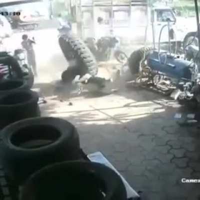 Instant Tyre Exploded and the guy jumped