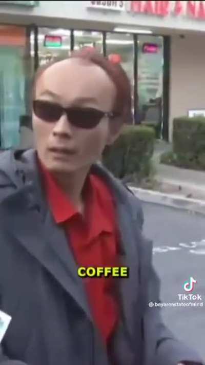 Calmly walking out of a coffee shop