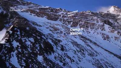 A continuous drone shot of Mount Everest from camp 1 to the summit
