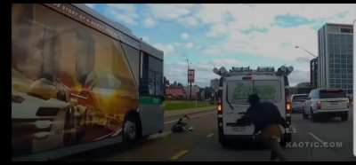 This is why you don't run through traffic, lucky it wasn't worse