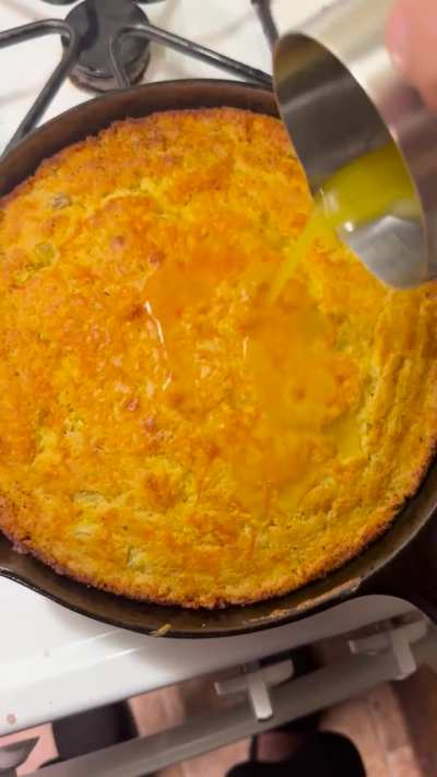 Green chili cheddar cornbread with honey butter made with local honey. Cooked in my polished 50&rsquo;s Lodge 3 notch.
