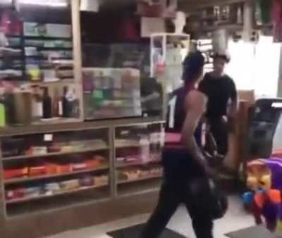 This dude messes with the wrong shopkeeper.