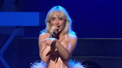Sabrina Carpenter's "Nonsense" outro for her Saturday Night Live debut: He is 30 Rock hard cause I said "Hi" / My sense of humor is but I am not dry / SNL I just came for the first time