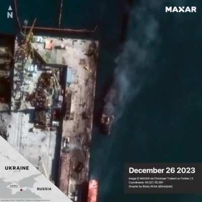 Satellite images depicting the aftermath of the strike on the Russian military landing ship Novocherkassk.