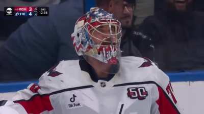 Charlie Lindgren rips a backhand into his own net. Because Brayden Point was the last Lightning player to touch the puck, Point is credited with a goal and therefore a hat trick tonight