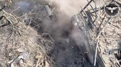 2 Russian soldiers without armour hiding next to a destroyed house are hit with an FPV drone. Video by the Strike Drones Company (47 OMBr)