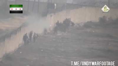 August/2016.08.26 northern edge of Artillery Faculty, S. Aleppo, Fagot vs. group of soldiers, hit (FSA 1st Regiment)