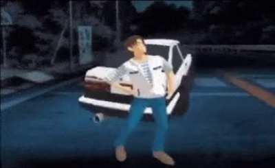 Takumi after making shingo bite the curb (or in this case the guardrail)