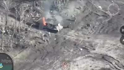 Another lone Russian MT-LB drives over an anti-tank mine and has to stop. The soldiers have to run away from the burning vehicle.
