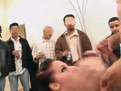 blows a bunch of bikers and spits cum at one, She is really not happy with an audience member