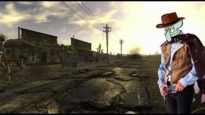 Squidward sings "Big Iron" in the Mojave Desert while wishing for a nuclear winter