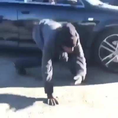 Crack head guy does the spin move on female crack head