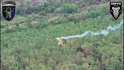 UA 42nd Mechanized Brigade's "Perun" drone team used incendiary drone loadout to ignite Russian positions in a tree line in the Kharkiv region. Published September 3, 2024