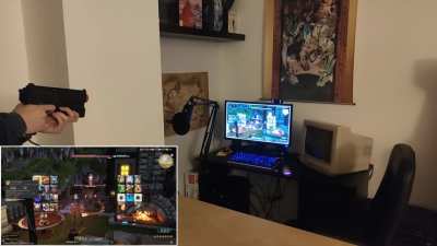 I see you playing DNC by literally dancing, so here am I playing MCH by shooting on my screen with a light gun!