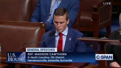 Congressman Madison Cawthorn refers to pregnant women as "Earthen vessels, sanctified by Almighty G-d" during a speech demanding the end of the Roe v. Wade and reproductive rights for women, lest "Science darkens the souls of the left".