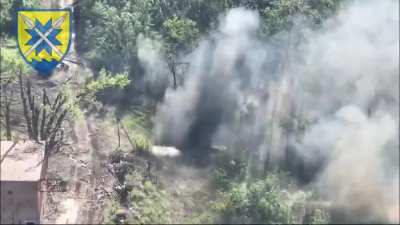 Ukrainian tank destroys a Russian BMP and an FPV Drone takes out another piece of equipment loaded with ammo in Kalynivka (June 2024)
