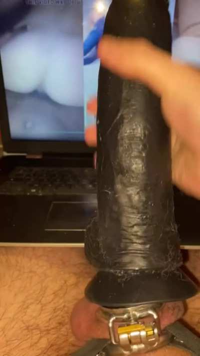 Another night stroking my BBC dildo when watching BBC porn and slapping my white balls with it