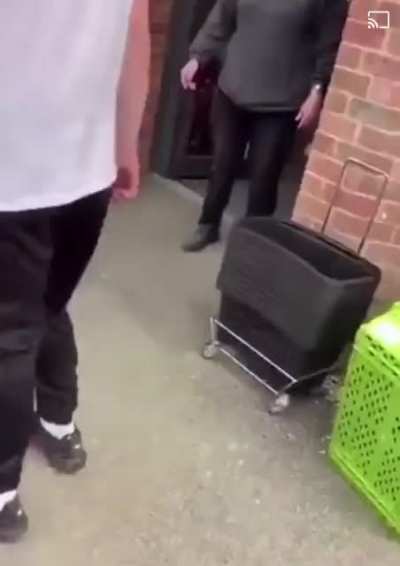 Guy threatening staff members gets his shit rocked by one of them.