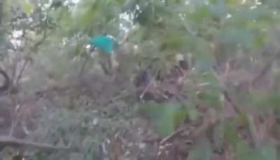 POV Ukrainian soldiers clearing Russian dugouts - Russian soldier hit by his own grenade - date/location unknown