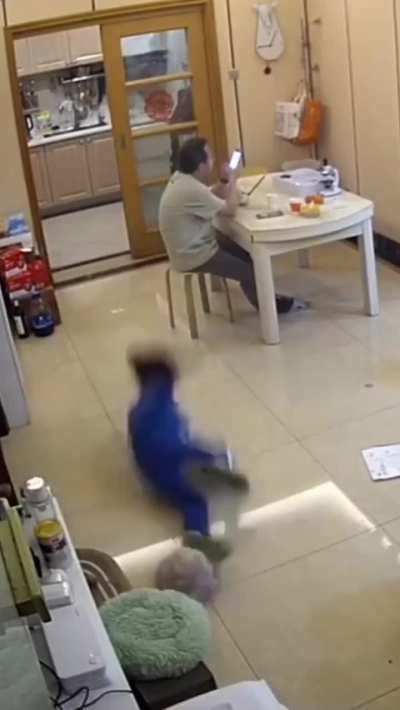 Kid tried to kick a cat and fell down