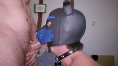 Caged pup in stockings licks my feet, takes my cock, and cums untouched 🐶💦