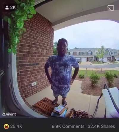 Kid caught porch pirating by doorbell camera alarm