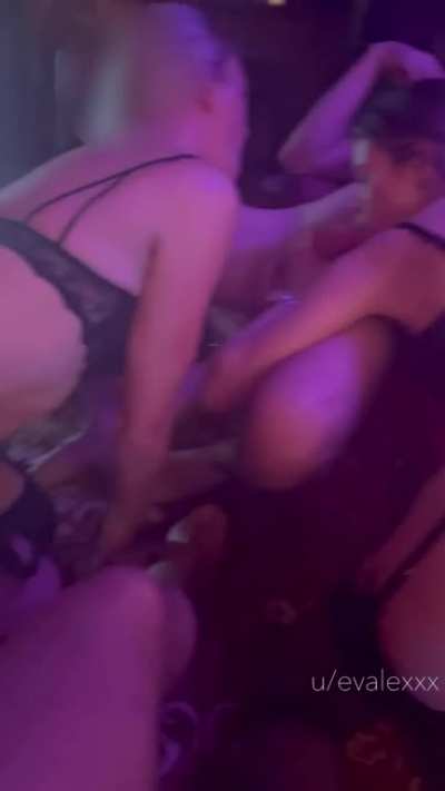 Husband jerks off watching me suck a stranger's cock with another wife at a swinger party.