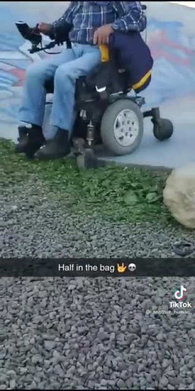 Old drunk man on his scooter sending it at the skatepark