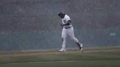 Miguel Cabrera hitting the first home run of the MLB season during a snowstorm