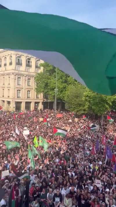 Thousands of french protestors show support for Palestinians earlier this day in Paris. They are singing 