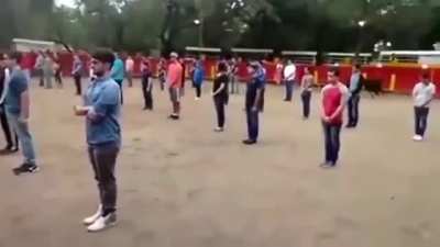 A teacher in Mexico shows that a bull in an area full of people will not attack anyone if it's not threatened.