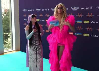 Turquoise carpet hostess says she knows how to say "Welcome to Sweden" in the Balkan language, only for it to translate to "I am a fat cow" 