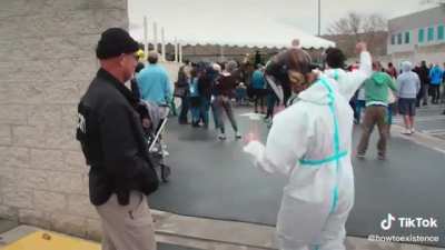 Two men dress up in hazmat suits in order to go to a rager in Orange County California