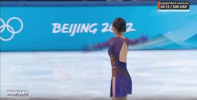 The sound from Sasha Trusova's microphone continues to be broadcast during Kaori's exit to the ice. She says "Just so you know, this competition has ruined my life forever. Get off me."