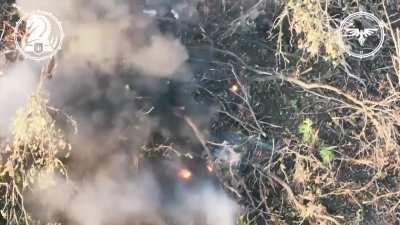 FPV drone hits a Russian soldier causing something on him to cook off and explode. Video by the Strike Drones Company (47 OMBr).