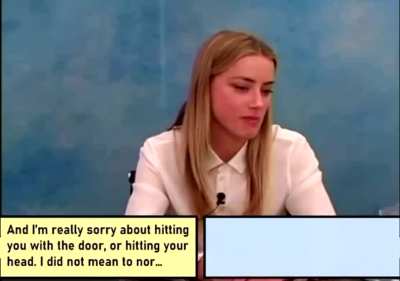 Actress Amber Heard smiles and smirks as she listens to herself admitting to physical abuse of Johnny Depp